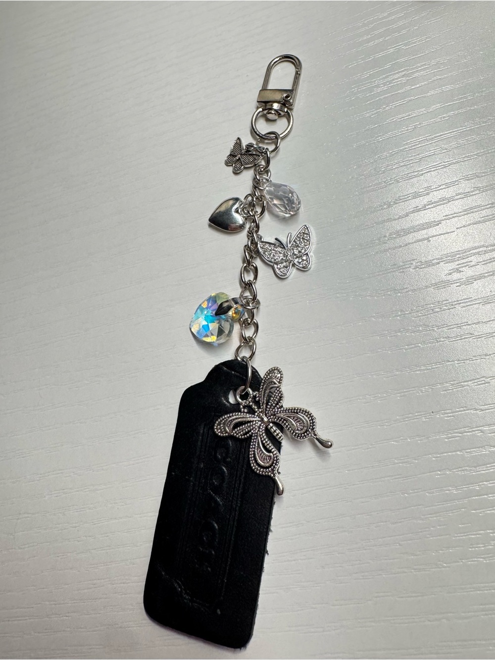 Coach Black Leather Hangtag with Silver Butterfly & Crystal Charms Bag Charm - Picture 4 of 6
